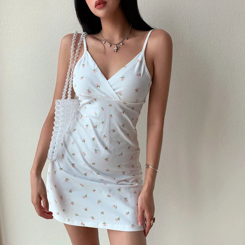 Vintage Floral Print Bodycon Mini Dress Summer Women V Neck Sleeveless Slip Mini Dresses CDPF-WYP-32