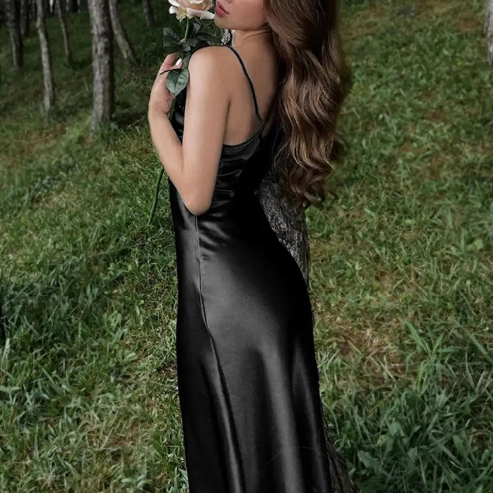 Women Evening Dress V Neck Low Cut Spaghetti Strap Solid Color Backless Dress-Up Sleeveless Satin Wedding Party Midi Dress