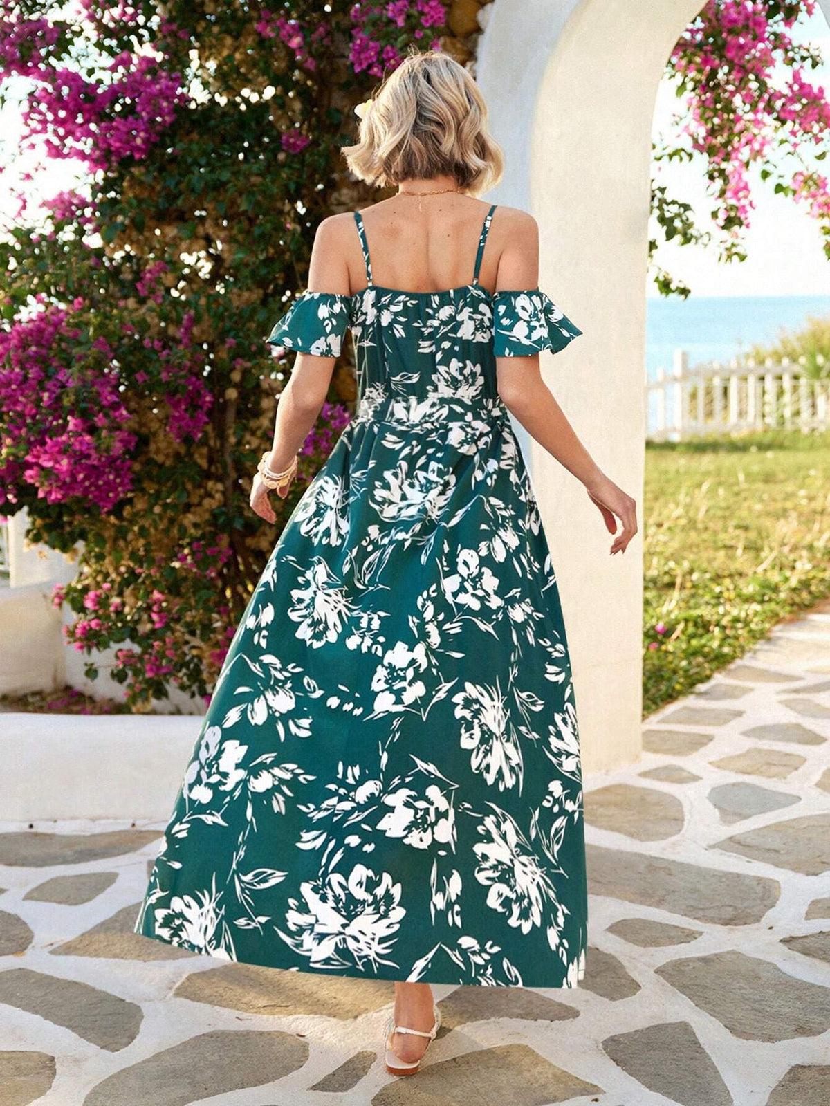 Vivid Eden Summer Woman Floral Print Cold Shoulder Wrap Hem Belted Dress,Vacation Style