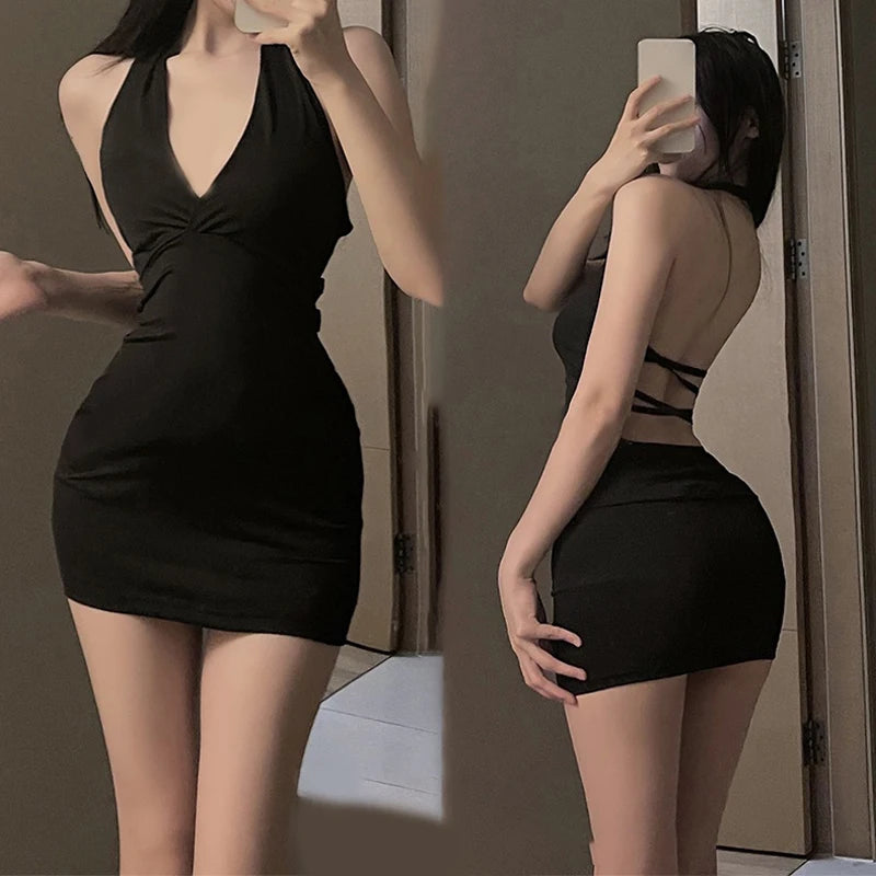 Sexy Women Halter Backless Slim V-Neck Wrap Black Party Night Mini Dress