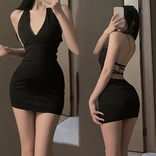 Sexy Women Halter Backless Slim V-Neck Wrap Black Party Night Mini Dress