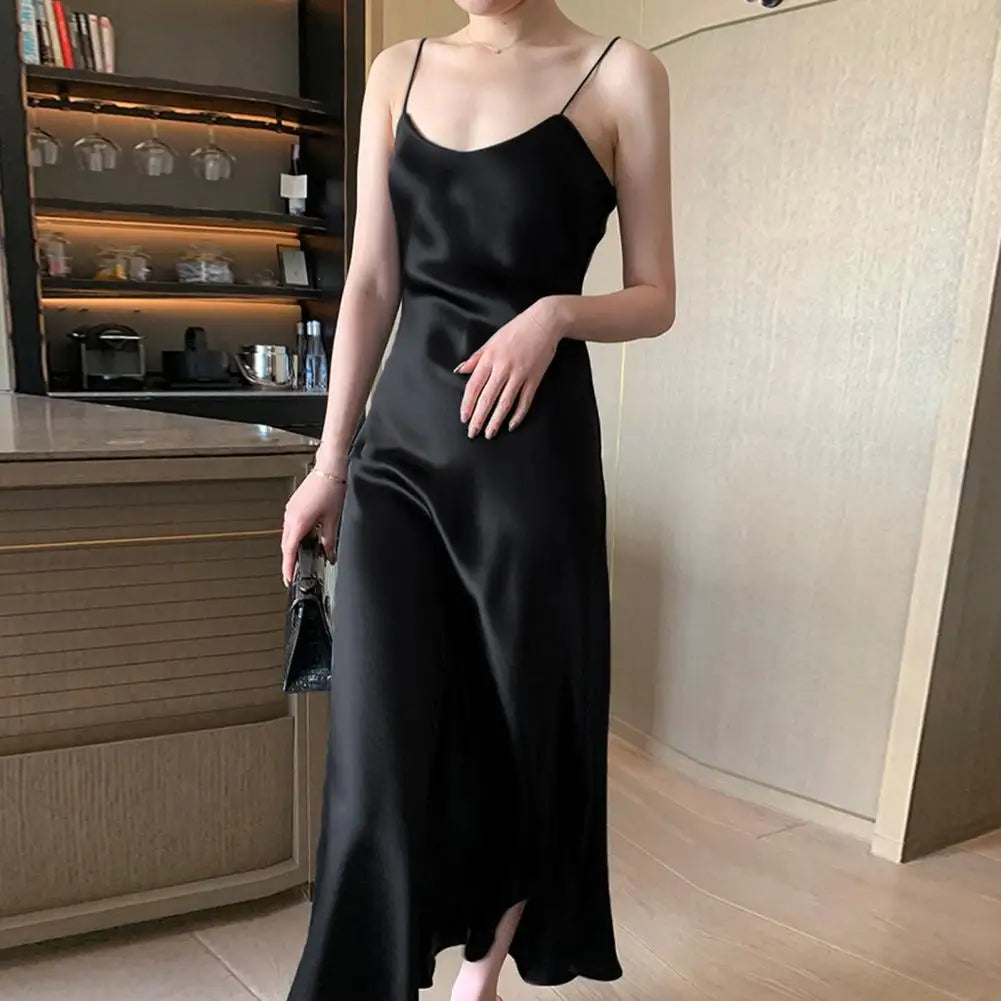 Women Evening Dress V Neck Low Cut Spaghetti Strap Solid Color Backless Dress-Up Sleeveless Satin Wedding Party Midi Dress