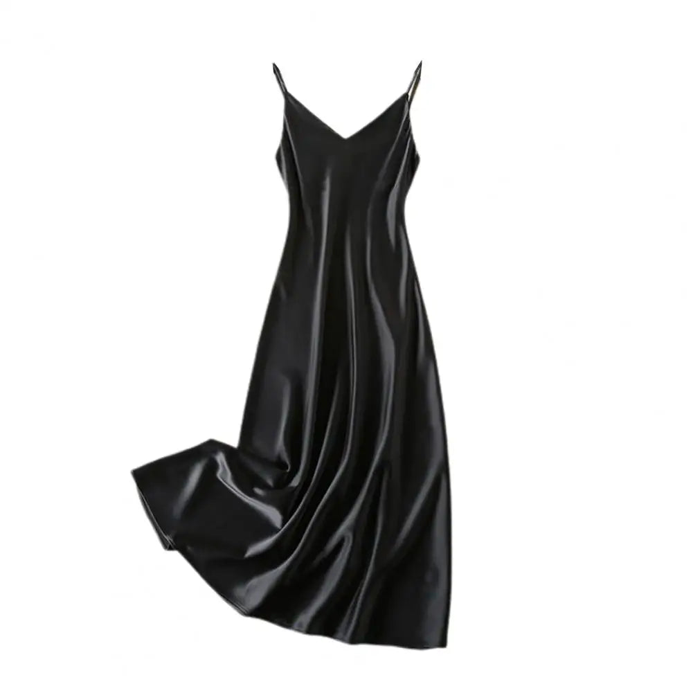 Women Evening Dress V Neck Low Cut Spaghetti Strap Solid Color Backless Dress-Up Sleeveless Satin Wedding Party Midi Dress