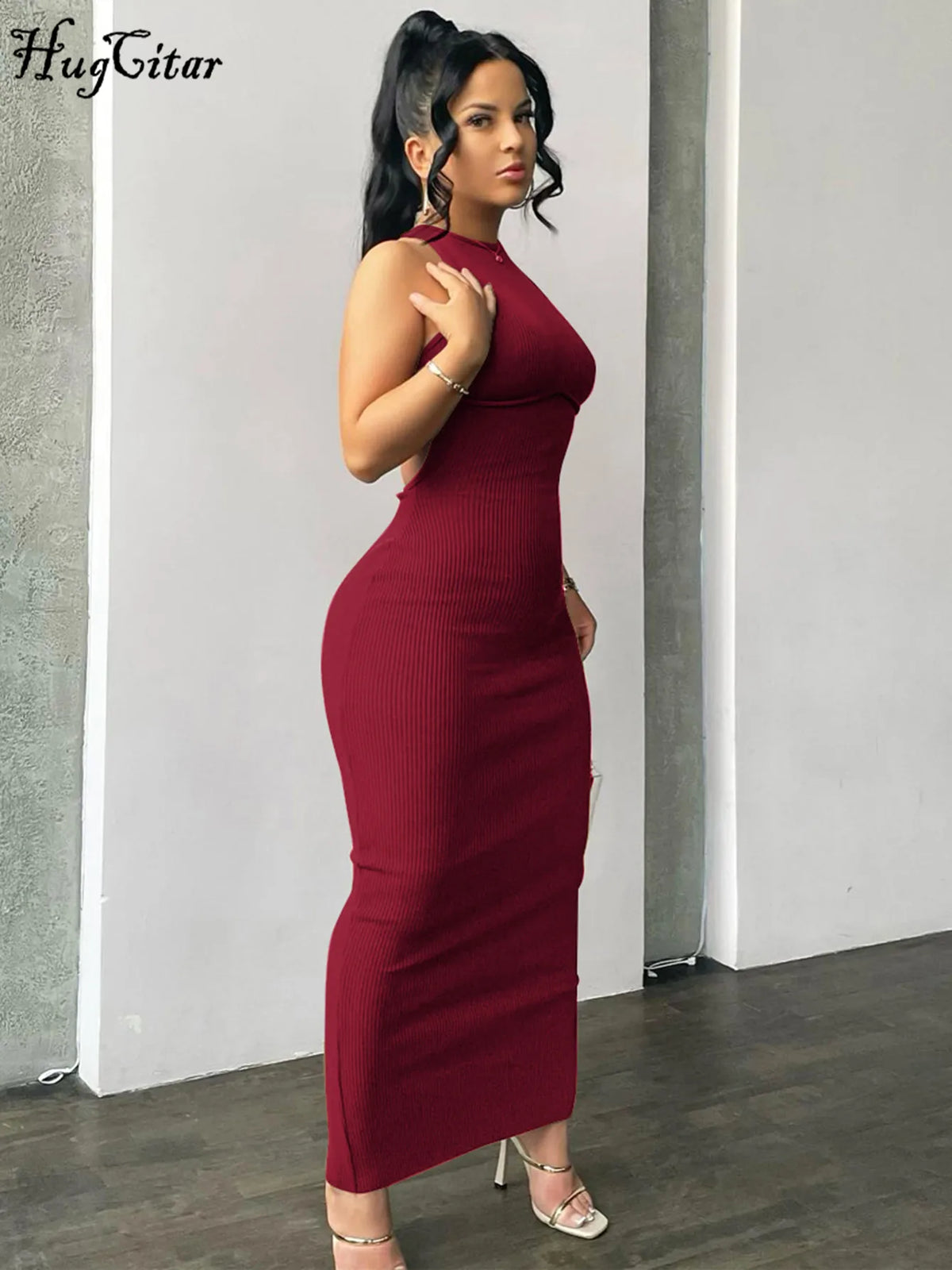 Ribbed Solid Hollow Out Backless Sleeveless Sexy Slit Mini Dress Bodycon 2025 Spring Women Outfits Elegant Party Y2K